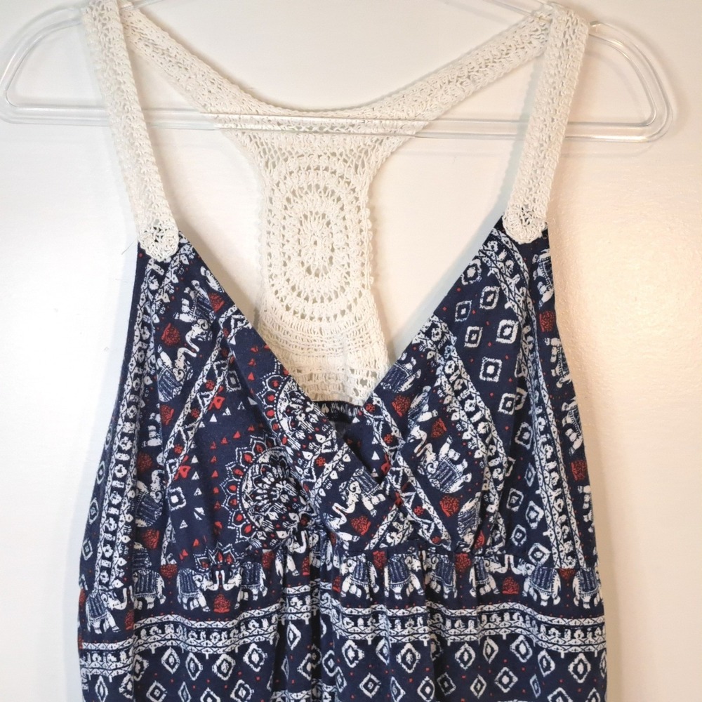 No Boundaries Womens XXL Boho Elephant Print Crochet Lace Racerback Mini Dress - Picture 2 of 11